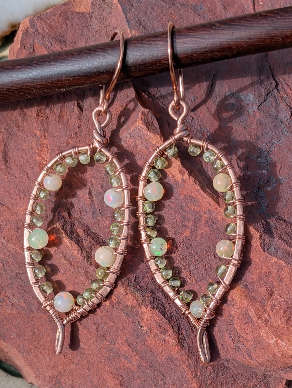 Bold Copper Hoop Earrings- Peridot and Opal Gems-Lightweight Statement Jewelry